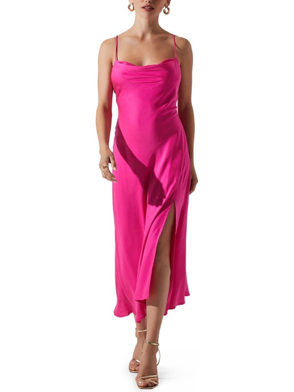 Astr the Label Hot Pink Satin Slip Midi Dress with Cowl Neck